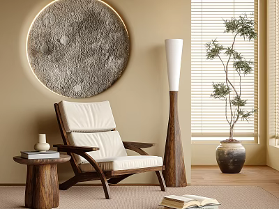 Modern Accent Chair With Wooden Frame Cream Cushion Textured Round Wall Art And Floor Lamp 3d model