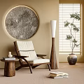 Modern Accent Chair With Wooden Frame Cream Cushion Textured Round Wall Art And Floor Lamp