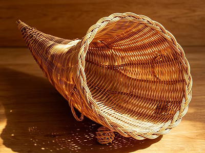 Handmade Woven Conical Basket Placed On Wooden Surface For Home Use 3d model