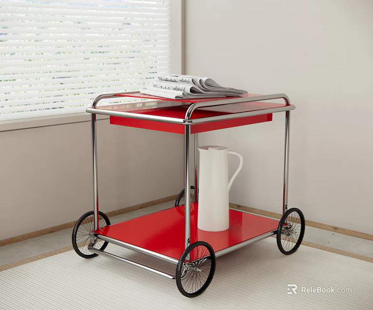 Red Two Tier Serving Cart With Metal Frame Black Wheels Newspaper And White Jug 3d model 