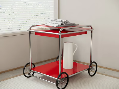 Red Two Tier Serving Cart With Metal Frame Black Wheels Newspaper And White Jug 3d model