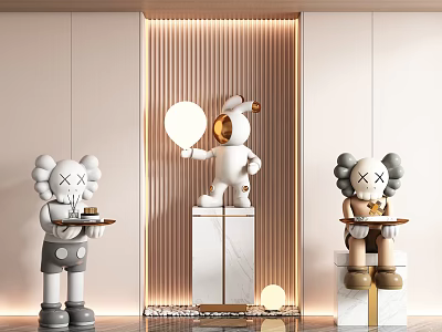 Modern Interior Sculpture Art Display With Kaws Inspired Figures And Astronaut Statue On Pedestals 3d model