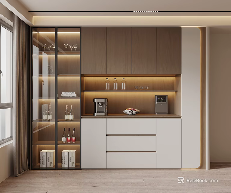 Modern Wine Cabinet With Glass Doors Built-in Lighting And Wine Bottles Display Shelves 3d model 