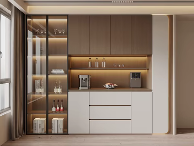 Modern Wine Cabinet With Glass Doors Built-in Lighting And Wine Bottles Display Shelves 3d model