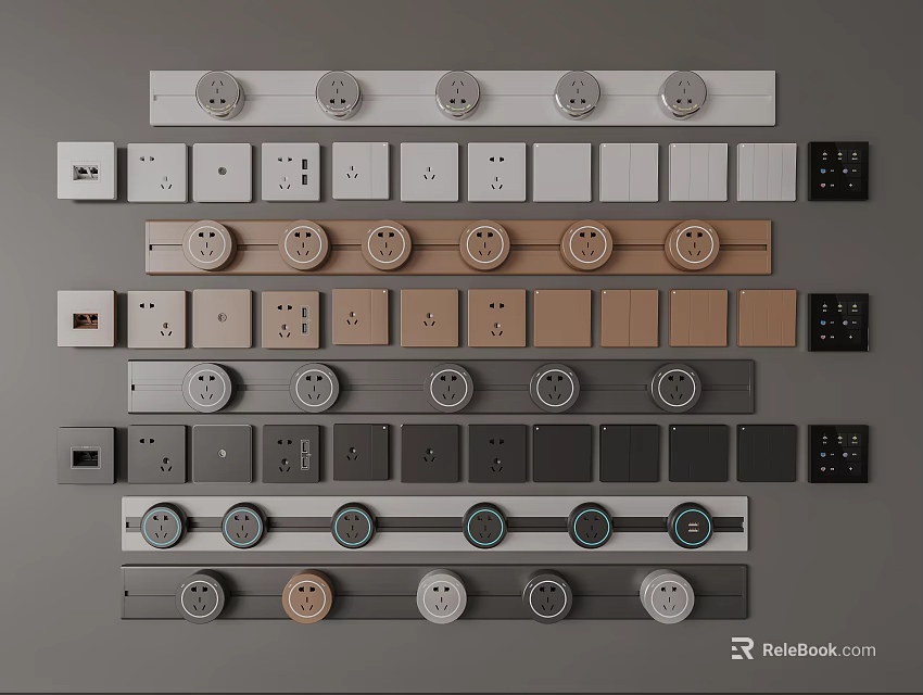 Various Modern Switch Panels With Different Colors And Decorative Designs For Home 3d model