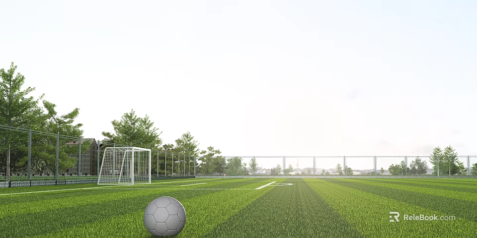 Soccer Field With Green Grass Surface Featuring Soccer Ball Goalpost Trees And Fence 3d model 