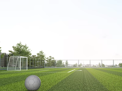 Soccer Field With Green Grass Surface Featuring Soccer Ball Goalpost Trees And Fence 3d model