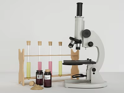 Industrial Laboratory Equipment With Microscope Test Tube Rack Bottles Liquids And Cork Stoppers 3d model