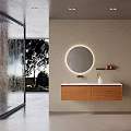 Modern Bathroom Vanity Cabinet With Round Illuminated Mirror Light Beige Wall And Glass Shower Enclosure