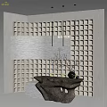 Modern Reception Desk With Stone Countertop And Decorative Branches Against Grid Patterned Wall 3d model