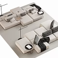 Modern Modular Sofa Set With Gray White Cushions Round Side Tables And Throw Blankets 3d model