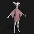 Game and Movie Character with Ram Horns White Skin Pink Asymmetric Dress on Black Background
