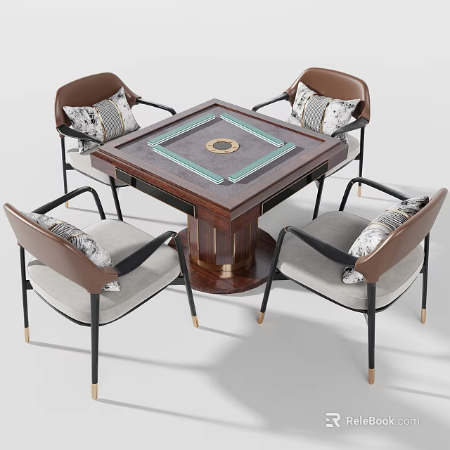 Square Entertainment Table With Circular Center Design And Four Chairs With Brown Backrests 3d model 