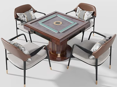 Square Entertainment Table With Circular Center Design And Four Chairs With Brown Backrests 3d model