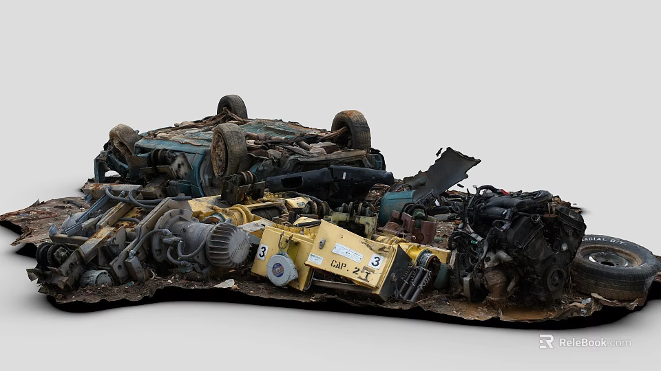 Old Car Wreckage And Scrap Mechanical Parts Stacked In Junkyard Pile 3d model 