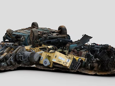 Old Car Wreckage And Scrap Mechanical Parts Stacked In Junkyard Pile 3d model