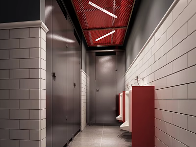 Modern Public Restroom Interior With Metal Stalls White Tiled Walls And Red Ceiling 3d model