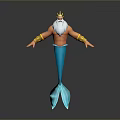 3D Merman Character Rendering With Golden Crown White Beard And Blue Tail