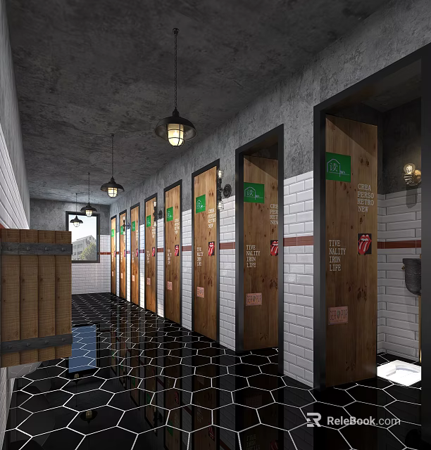 Retro Industrial Public Bathroom Design With Wooden Stall Doors And Tiled Walls And Glossy Flooring 3d model 