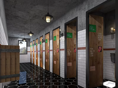Retro Industrial Public Bathroom Design With Wooden Stall Doors And Tiled Walls And Glossy Flooring 3d model