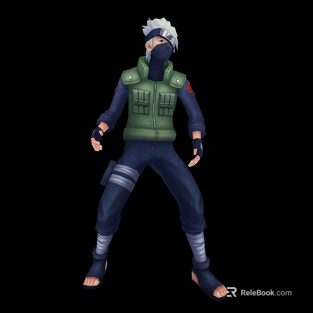Ninja Character In Green Vest Headband And Dark Blue Outfit With Arm Guards 3d model 
