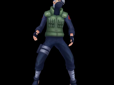 Ninja Character In Green Vest Headband And Dark Blue Outfit With Arm Guards 3d model