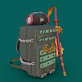 Black Backpack With Samurai Sword Fox Mask And Headphones On Green Background
