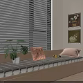 Cozy Bay Window Interior With Cushion Pillows Plant Blinds And Decorative Paintings