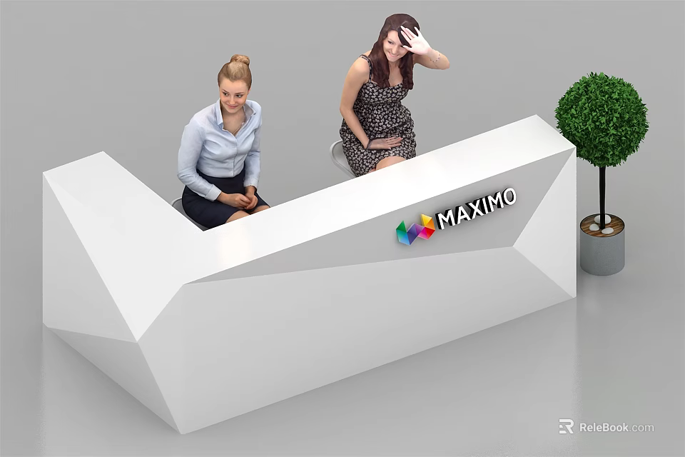 White Geometric Reception Desk With MAXIMO Logo Two People And Green Plant 3d model 