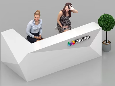 White Geometric Reception Desk With MAXIMO Logo Two People And Green Plant 3d model