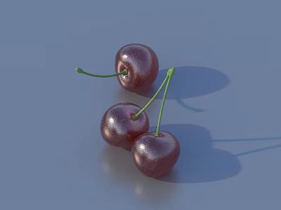 Three Shiny Deep Purple Cherries With Green Stems On Blue Background 3d model