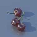 Three Shiny Deep Purple Cherries With Green Stems On Blue Background