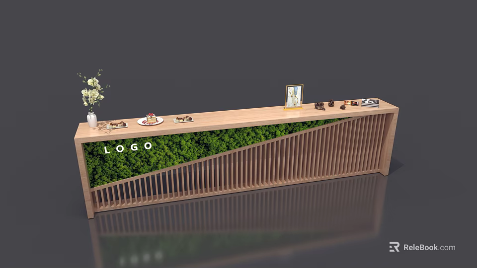 Wooden Reception Desk With Green Moss Wall Logo Slatted Design And Decorative Items 3d model 