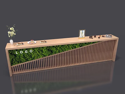 Wooden Reception Desk With Green Moss Wall Logo Slatted Design And Decorative Items 3d model