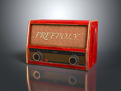 Vintage Red FreePoly Radio With Classic Design And Control Knobs On Reflective Surface 3d model