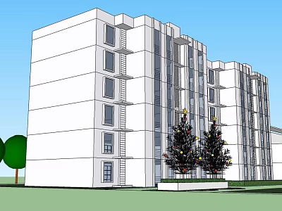 White Multi Story Apartment Building with Windows Balconies and Trees Against Blue Sky 3d model