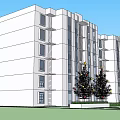 White Multi Story Apartment Building with Windows Balconies and Trees Against Blue Sky