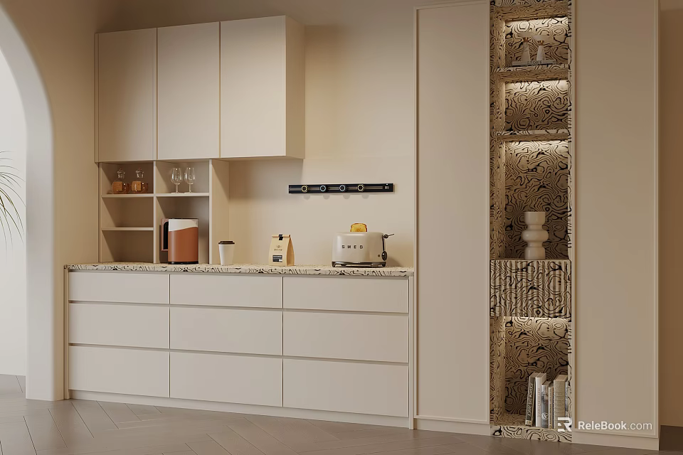 Elegant Modern Wine Cabinet With Glass Shelves And Marble Accents In Kitchen 3d model 