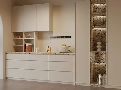 Elegant Modern Wine Cabinet With Glass Shelves And Marble Accents In Kitchen 3d model