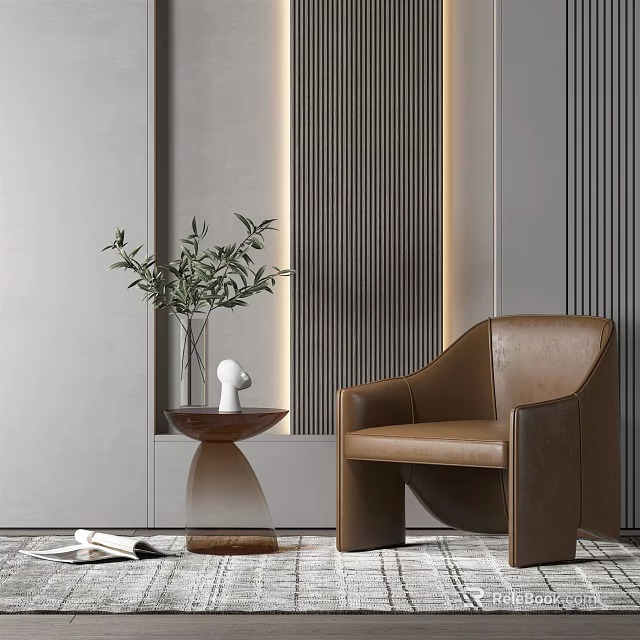 Brown Leather Single Sofa In Modern Living Room With Decorative Plant And Side Table 3d model 