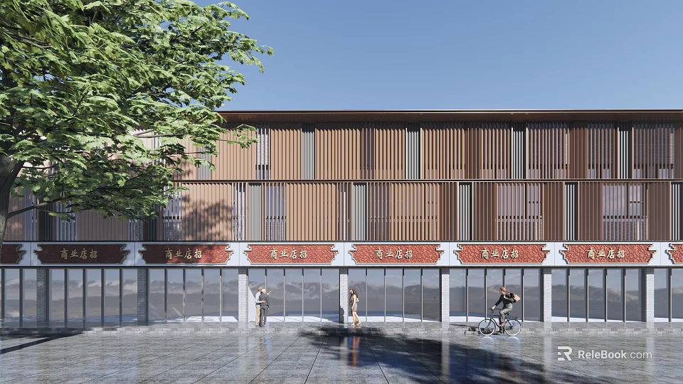 Modern Commercial Street With Wooden Facade Stone Pavement Storefronts Pedestrians And Bicycle 3d model 