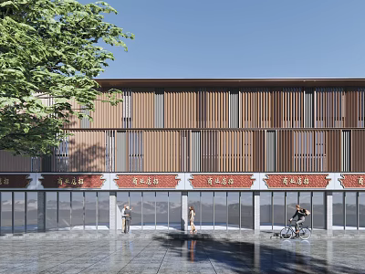 Modern Commercial Street With Wooden Facade Stone Pavement Storefronts Pedestrians And Bicycle 3d model