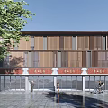 Modern Commercial Street With Wooden Facade Stone Pavement Storefronts Pedestrians And Bicycle