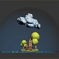 Crystal Ball Scene With Clouds Green Tree Small House And Blue Water