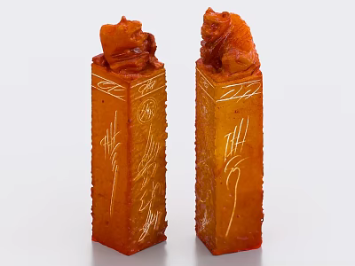 Orange Column Sculpture Carving With Animal Figure Top And Line Patterns 3d model
