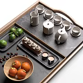 Elegant Tea Set Arrangement With Wooden Tray Oranges Limes And Cups