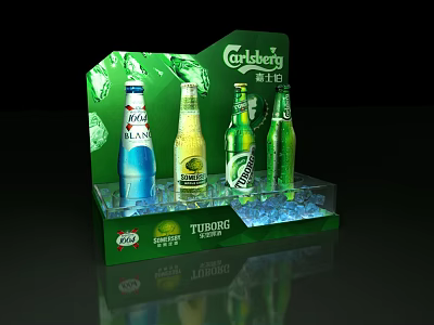 Green Promotional Beer Display Stand With Carlsberg Budweiser Tuborg Bottles And Ice Cubes 3d model