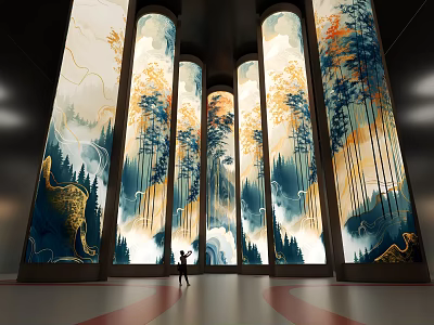 Art Installation With Tall Columns Landscape Patterns Blue Yellow White Red Bottom Lines Human Figure 3d model