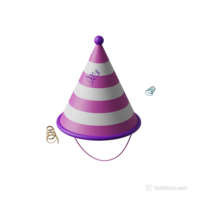 Purple and White Striped Party Hat with Pom Pom Top and Curly Streamers Beside 3d model 