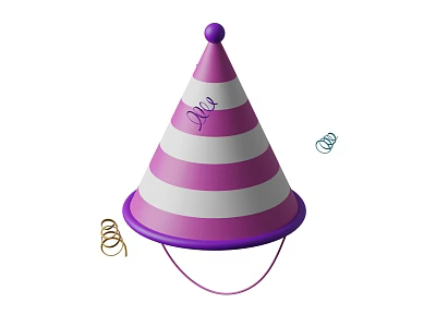 Purple and White Striped Party Hat with Pom Pom Top and Curly Streamers Beside 3d model